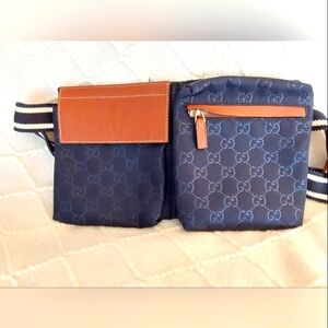 GUCCI monogram canvas double pocket belt bag